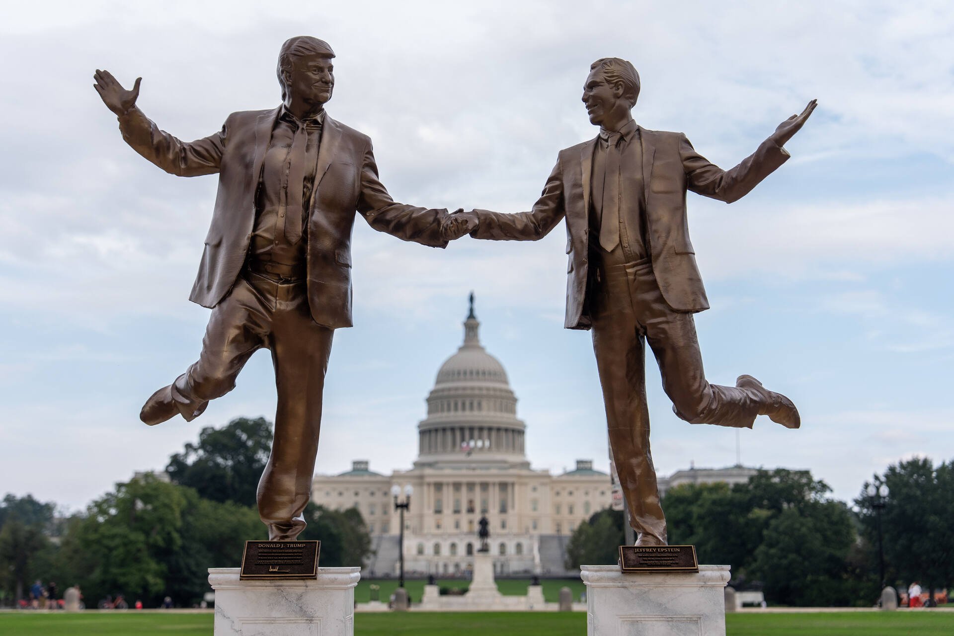 Statue of Trump holding hands with Epstein removed